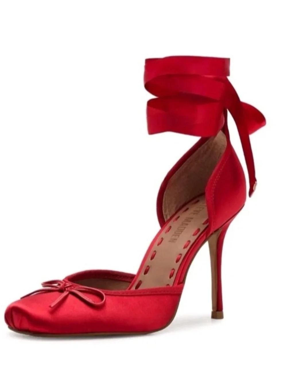 Steve Madden Red Satin Ankle-Tie Pointed-Toe Heels